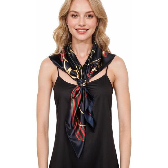 Women's Red/Green Head Scarf Like Silk Printed Square Hair Bandanas 35 Inches - Picture 2 of 7